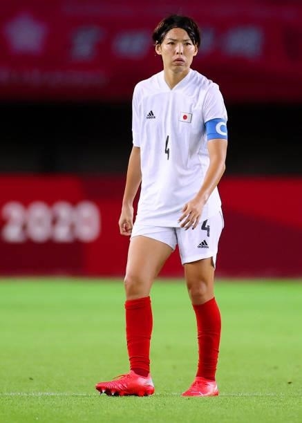 Saki Kumagai of Team Japan looks on during the Women's Group E match between Chile and Japan on day four of the Tokyo 2020 Olympic Games at Miyagi...