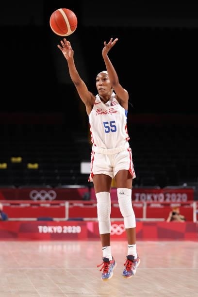 Jackie Benitez of Team Puerto Rico takes a jump shot against China during the first half of a Women's Preliminary Round Group C game on day four of...