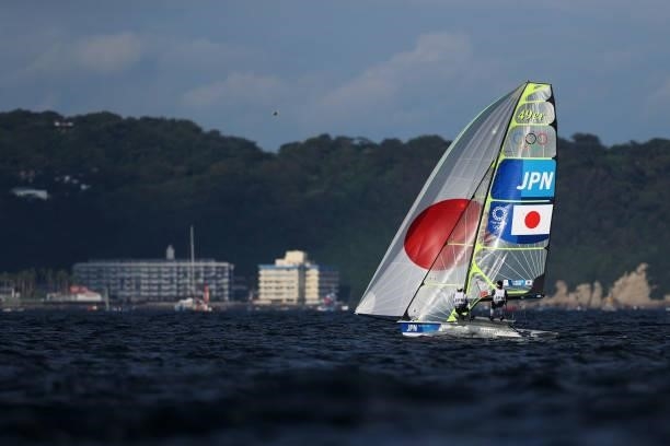 Leo Takahashi and Ibuki Koizumi of Team Japan compete in the Men's Skiff - 49er class race on day four of the Tokyo 2020 Olympic Games at Enoshima...