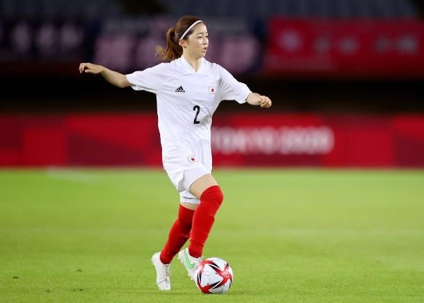 Risa Shimizu of Team Japan runs with the ball during the Women's Group E match between Chile and Japan on day four of the Tokyo 2020 Olympic Games at...