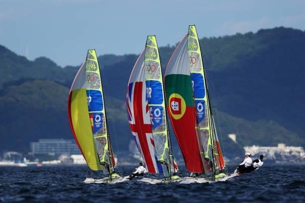 Dylan Fletcher and Stuart Bithell of Team Great Britain compete in the Men's Skiff - 49er class race on day four of the Tokyo 2020 Olympic Games at...