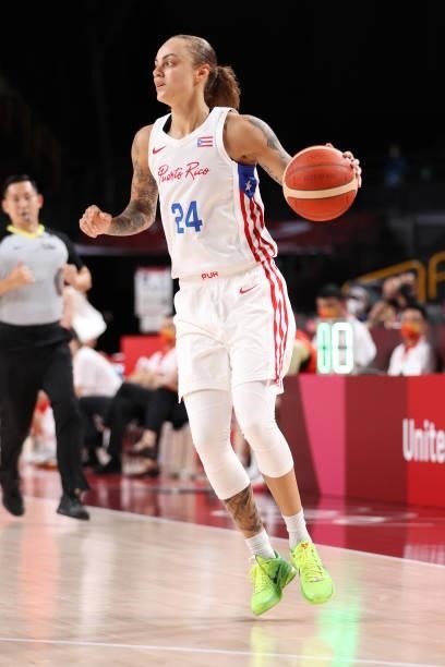 Jazmon Gwathmey of Team Puerto Rico brings the ball up the court against China during the first half of a Women's Preliminary Round Group C game on...