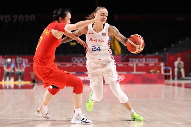 Jazmon Gwathmey of Team Puerto Rico drives to the basket against Ting Shao of Team China during the first half of a Women's Preliminary Round Group C...