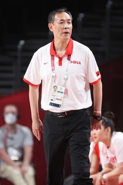 Head Coahc of Team China Xu Limin calls out to his team during the first half of their Women's Preliminary Round Group C game against Puerto Rico on...