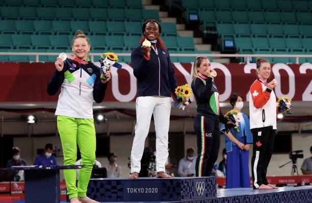 Silver medalist Tina Trstenjak of Team Slovenia, gold medalist Clarisse Agbegnenou of Team France, bronze medalist A Maria Centracchio of Team Italy,...