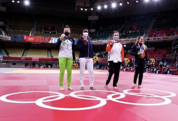Silver medalist Tina Trstenjak of Team Slovenia, gold medalist Clarisse Agbegnenou of Team France, bronze medalist A Maria Centracchio of Team Italy,...