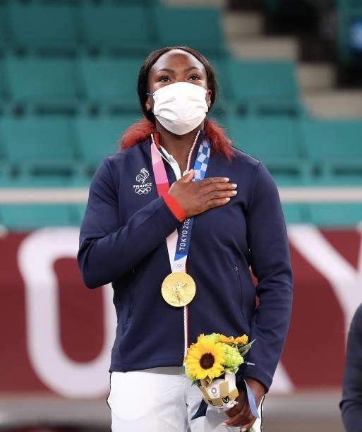 Clarisse Agbegnenou of Team France poses with the gold medal for the Women’s Judo 63kg event on day four of the Tokyo 2020 Olympic Games at Nippon...