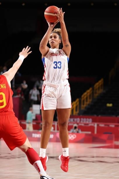 India Pagan of Team Puerto Rico takes a jump shot against China during the first half of a Women's Preliminary Round Group C game on day four of the...