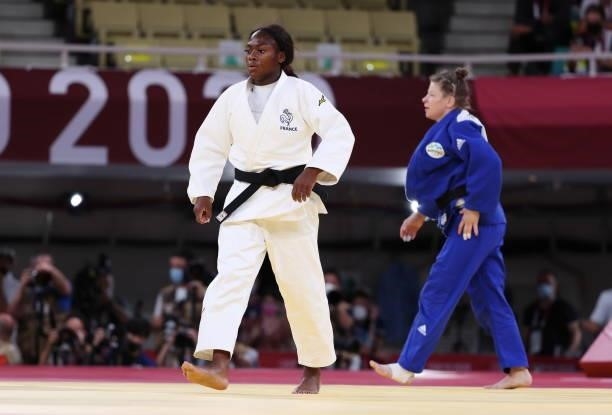 Clarisse Agbegnenou of Team France celebrates after defeating Tina Trstenjak of Team Slovenia during the Women’s Judo 63kg Final on day four of the...