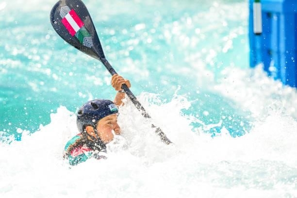 Viktoria Wolffhardt of Team Austria competes on Women's Kayak Semi-final during the Tokyo 2020 Olympic Games at the Kasai Canoe Slalom Centre on July...