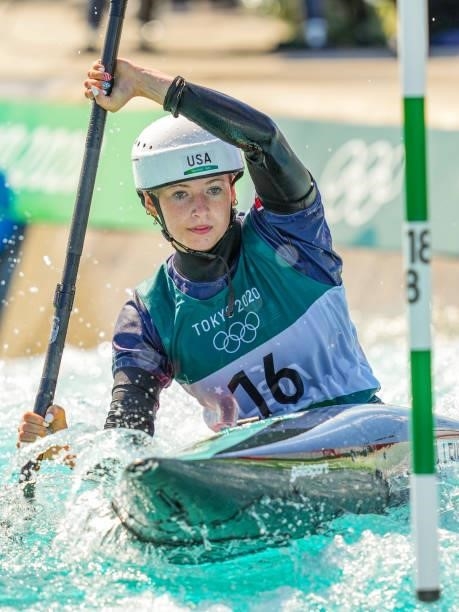 Evy Leibfarth of Team United States competes on Women's Kayak Semi-final during the Tokyo 2020 Olympic Games at the Kasai Canoe Slalom Centre on July...