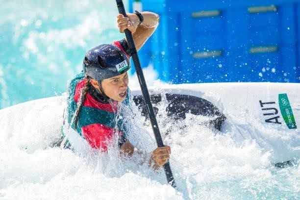 Viktoria Wolffhardt of Team Austria competes on Women's Kayak Semi-final during the Tokyo 2020 Olympic Games at the Kasai Canoe Slalom Centre on July...