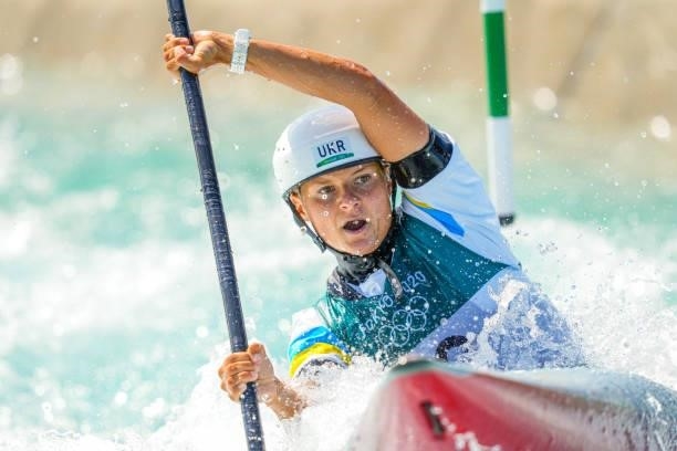 Viktoriia Us of Team Ukraine competes on Women's Kayak Semi-final during the Tokyo 2020 Olympic Games at the Kasai Canoe Slalom Centre on July 27,...