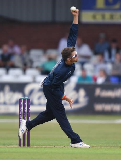 Karl Carver of Warwickshire bowls during the Royal London Cup match between Derbyshire and Warwickshire at The Incora County Ground on July 27, 2021...