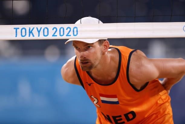 Robert Meeuwsen of Team Netherlands competes against Team Argentina during the Men's Preliminary - Pool D beach volleyball on day four of the Tokyo...