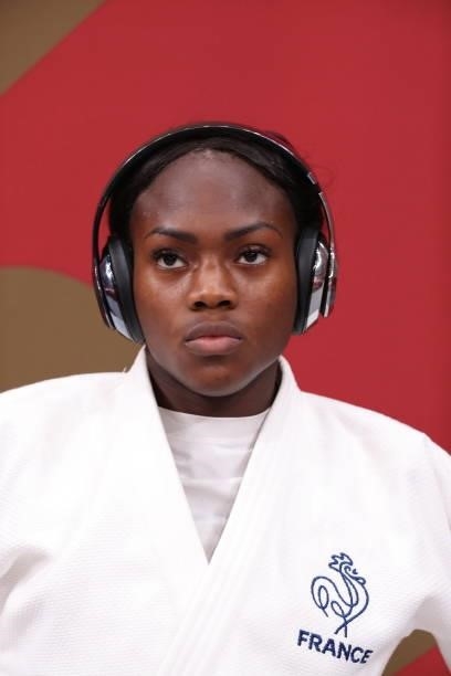 Clarisse Agbegnenou of Team France reacts before the Women’s Judo 63kg Final on day four of the Tokyo 2020 Olympic Games at Nippon Budokan on July...