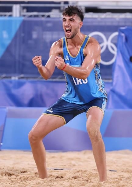Nicolas Capogrosso of Team Argentina reacts against Team Netherlands during the Men's Preliminary - Pool D beach volleyball on day four of the Tokyo...
