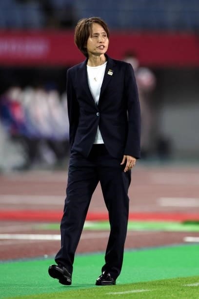 Asako Takakura, Head Coach of Team Japan looks on during the Women's Group E match between Chile and Japan on day four of the Tokyo 2020 Olympic...