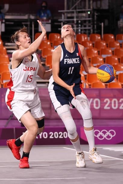 Ana Maria Filip of Team France drives to the basket against Risa Nishioka of Team Japan in the 3x3 Basketball competition on day four of the Tokyo...