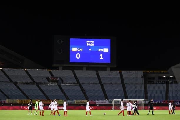 General view inside the stadium as the LED screen displays the score line after the Women's Group E match between Chile and Japan on day four of the...