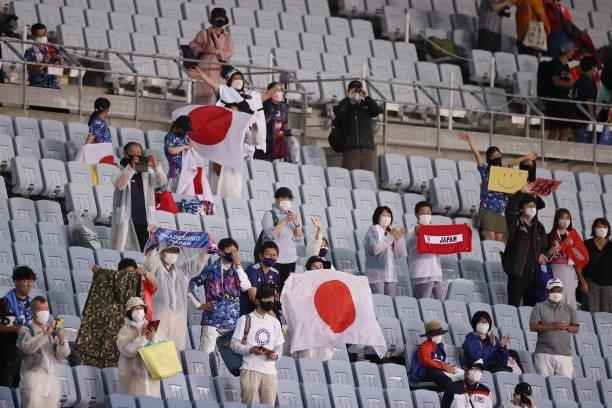 Fans of Team Japan show their support after the Women's Group E match between Chile and Japan on day four of the Tokyo 2020 Olympic Games at Miyagi...