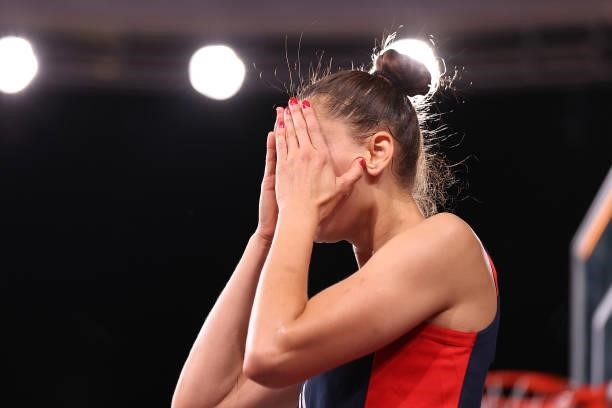 Ana Maria Filip of Team France reacts in the 3x3 Basketball competition on day four of the Tokyo 2020 Olympic Games at Aomi Urban Sports Park on July...