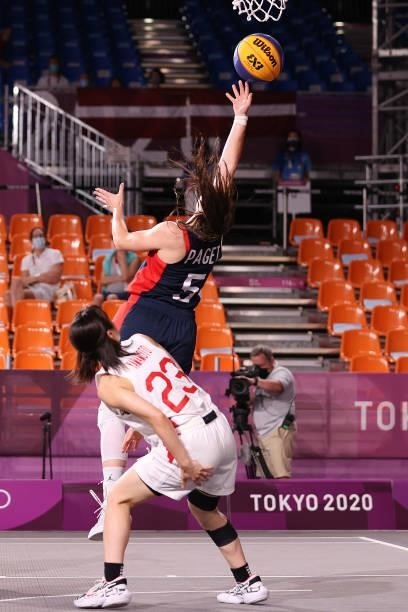 Marie-Eve Paget of Team France shoots in the 3x3 Basketball competition on day four of the Tokyo 2020 Olympic Games at Aomi Urban Sports Park on July...