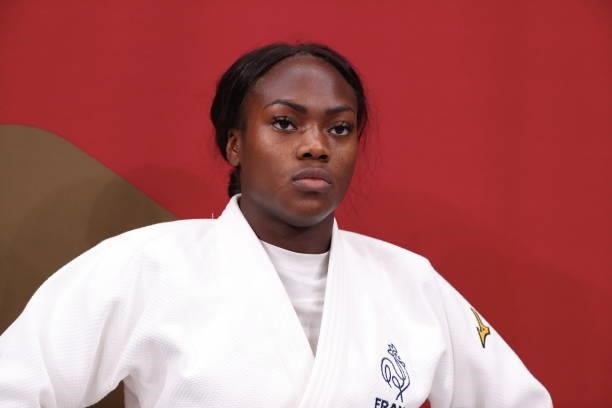Clarisse Agbegnenou of Team France reacts before the Women’s Judo 63kg Final on day four of the Tokyo 2020 Olympic Games at Nippon Budokan on July...