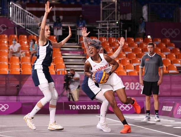 Stephanie Mawuli of Team Japan competes for the ball in the 3x3 Basketball competition on day four of the Tokyo 2020 Olympic Games at Aomi Urban...