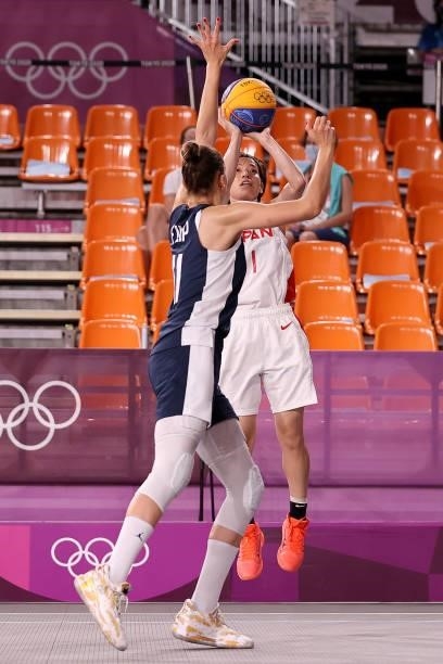 Mio Shinozaki of Team Japan shoots in the 3x3 Basketball competition on day four of the Tokyo 2020 Olympic Games at Aomi Urban Sports Park on July...
