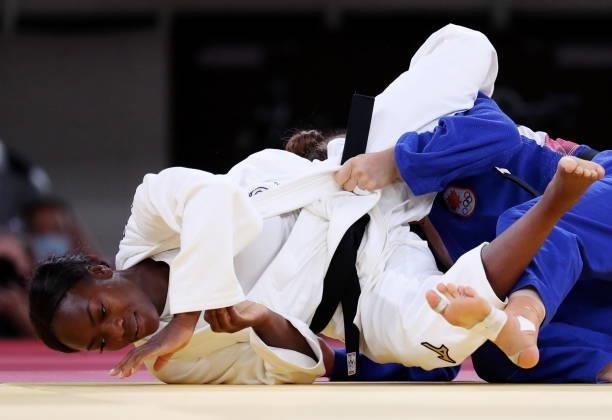 Clarisse Agbegnenou of Team France and Catherine Pinard-Beauchemin of Team Canada compete during the Women’s Judo 63kg Semifinal of Table A on day...