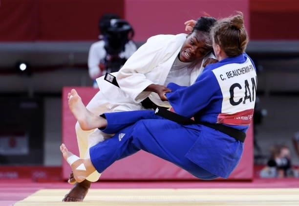 Clarisse Agbegnenou of Team France and Catherine Pinard-Beauchemin of Team Canada compete during the Women’s Judo 63kg Semifinal of Table A on day...