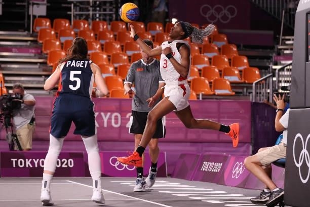 Stephanie Mawuli of Team Japan competes for the ball in the 3x3 Basketball competition on day four of the Tokyo 2020 Olympic Games at Aomi Urban...