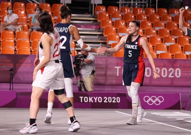 Marie-Eve Paget of Team France celebrates in the 3x3 Basketball competition on day four of the Tokyo 2020 Olympic Games at Aomi Urban Sports Park on...