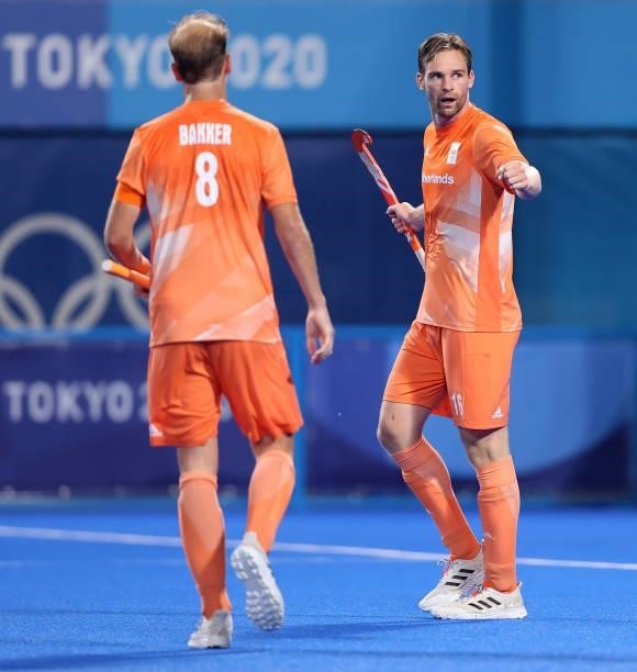 Mirco Pruijser of Team Netherlands celebrates after scoring their team's fourth goal during the Men's Preliminary Pool B match between Netherlands...