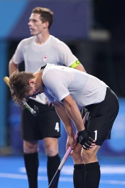 Floris Frederik van Son of Team Canada reacts following the Men's Preliminary Pool B match between Netherlands and Canada on day four of the Tokyo...