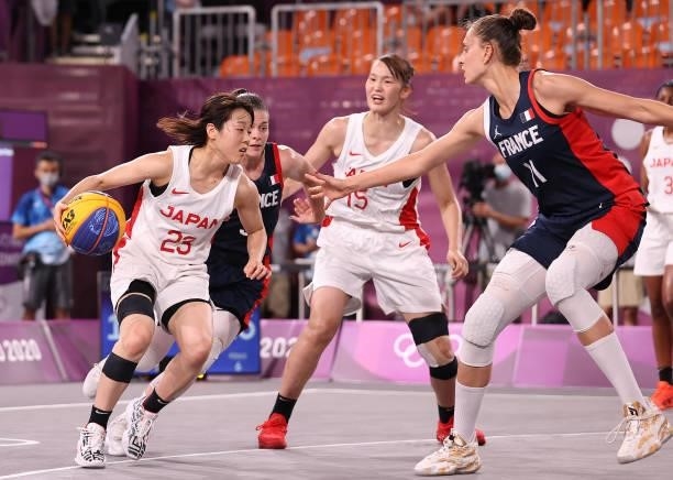 Mai Yamamoto of Team Japan handles the ball in the 3x3 Basketball competition on day four of the Tokyo 2020 Olympic Games at Aomi Urban Sports Park...