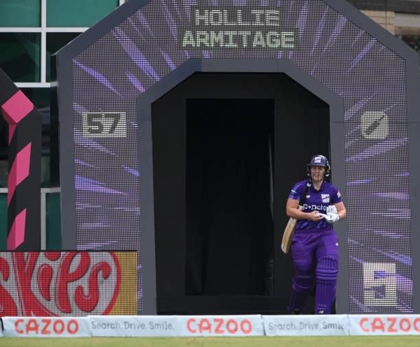 Hollie Armitage of the Superchargers comes out of the tunnel to bat during the Hundred match between Trent Rockets and Northern Superchargers at...