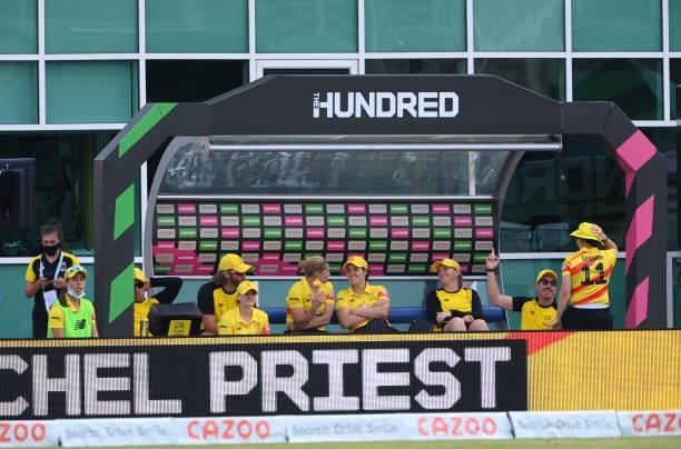 The Rockets team on the bench during the Hundred match between Trent Rockets and Northern Superchargers at Trent Bridge on July 26, 2021 in...