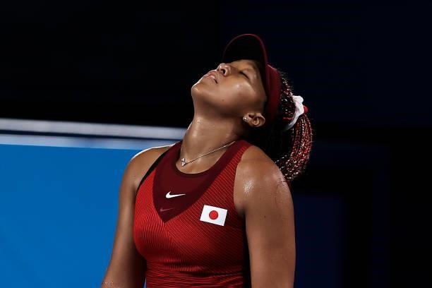 Naomi Osaka of Team Japan reacts after a point during her Women's Singles Third Round match against Marketa Vondrousova of Team Czech Republic on day...