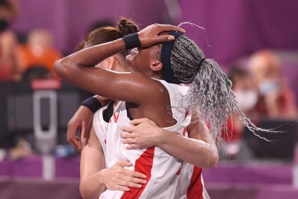 Stephanie Mawuli of Team Japan reacts with Risa Nishioka of Team Japan after the loss in the 3x3 Basketball competition on day four of the Tokyo 2020...