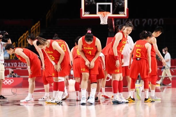 Team China celebrates their victory over Puerto Rico in their Women's Preliminary Round Group C game on day four of the Tokyo 2020 Olympic Games at...