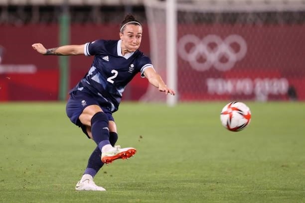 Lucy Bronze of Team Great Britain shoots during the Women's Group E match between Canada and Great Britain on day four of the Tokyo 2020 Olympic...