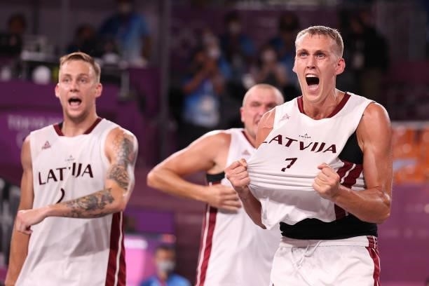 Nauris Miezis of Team Latvia celebrates victory in the 3x3 Basketball competition on day four of the Tokyo 2020 Olympic Games at Aomi Urban Sports...