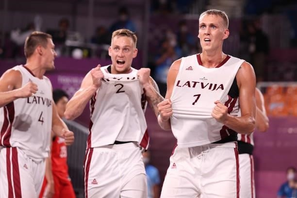 Nauris Miezis of Team Latvia celebrates victory in the 3x3 Basketball competition on day four of the Tokyo 2020 Olympic Games at Aomi Urban Sports...