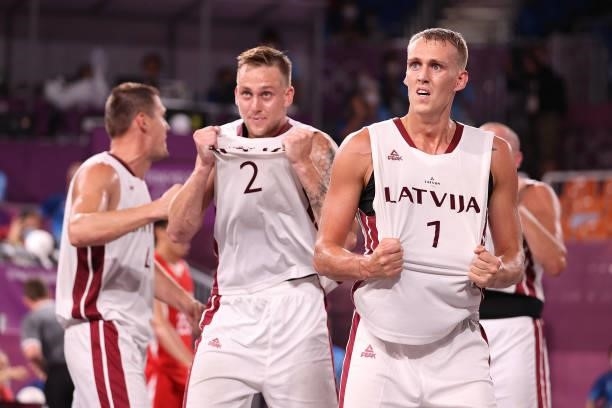 Nauris Miezis of Team Latvia and Karlis Lasmanis of Team Latvia celebrates victory in the 3x3 Basketball competition on day four of the Tokyo 2020...