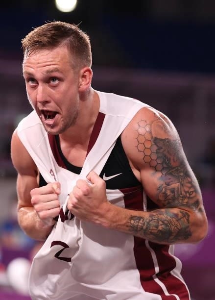 Karlis Lasmanis of Team Latvia celebrates victory in the 3x3 Basketball competition on day four of the Tokyo 2020 Olympic Games at Aomi Urban Sports...