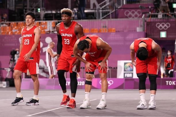 Team Japan bow after their loss in the 3x3 Basketball competition on day four of the Tokyo 2020 Olympic Games at Aomi Urban Sports Park on July 27,...