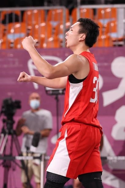 Keisei Tominaga of Team Japan celebrates in the 3x3 Basketball competition on day four of the Tokyo 2020 Olympic Games at Aomi Urban Sports Park on...