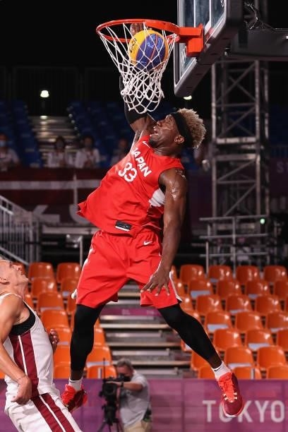 Ira Brown of Team Japan slam dunks the ball in the 3x3 Basketball competition on day four of the Tokyo 2020 Olympic Games at Aomi Urban Sports Park...